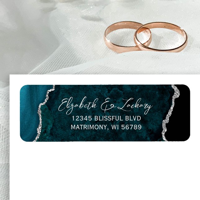 Étiquette Teal Blue Agate Silver Wedding Return Address (Créateur téléchargé)