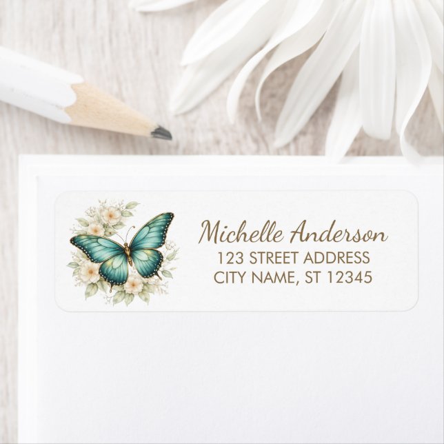 Étiquette Teal Gold Butterfly with Delicate  Return Address  (En situation)