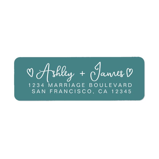 Étiquette Teal Heart Script Couple Return Address Label (Devant)