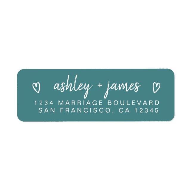 Étiquette Teal Heart Script Couple Return Address Label (Devant)
