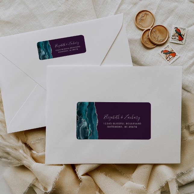 Étiquette Teal Silver Agate Purple Wedding Return Address (Créateur téléchargé)