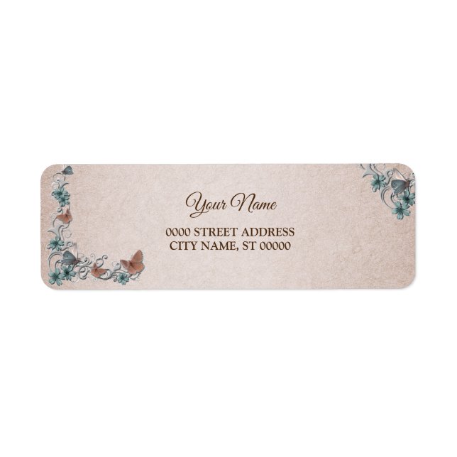 Étiquette Teal Silver Floral Tan Wedding Return Address (Devant)