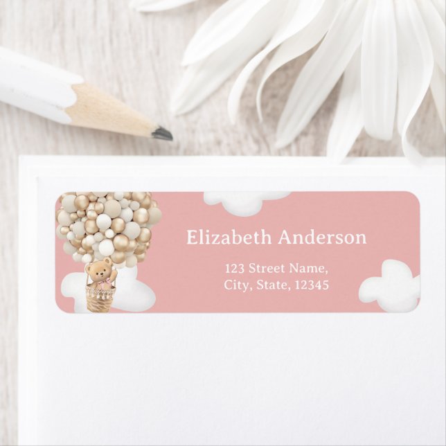 Étiquette Teddy Bear Balloons Pink Baby Shower Label (En situation)