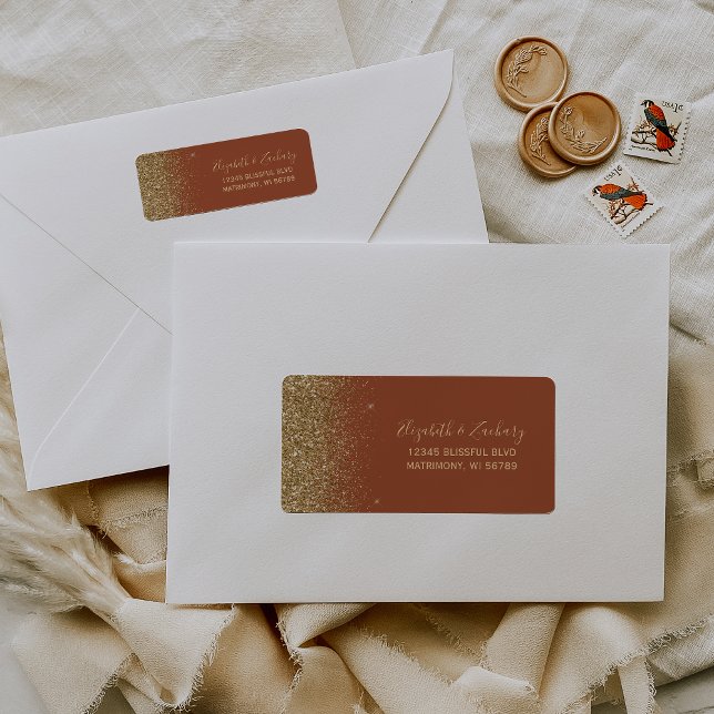 Étiquette Terracotta Gold Parties scintillant Mariage Adress (Créateur téléchargé)