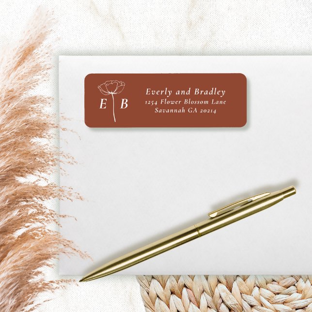 Étiquette Terracotta White Monogram Floral Accent Address (Créateur téléchargé)
