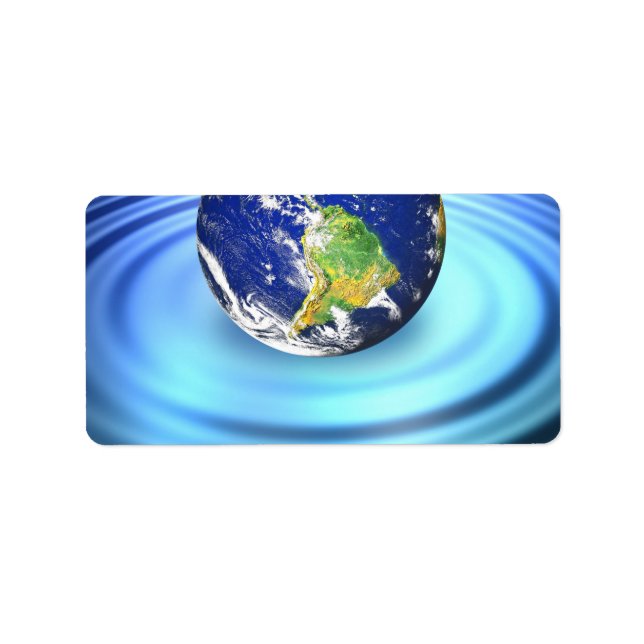 Étiquette Terre 3D flottant sur les ondulations d'eau (Devant)