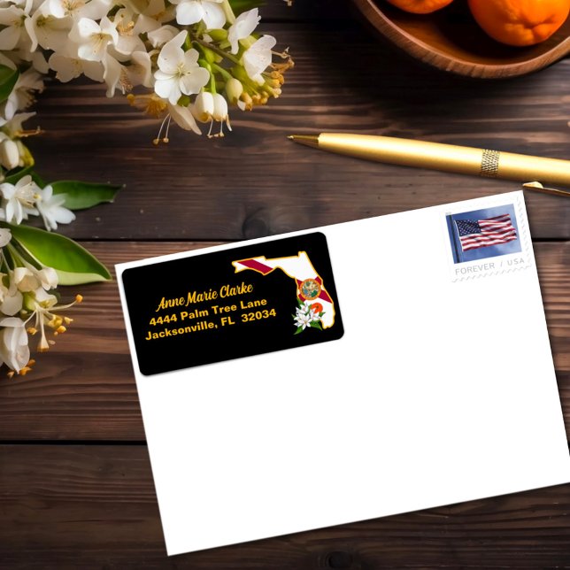 Étiquette Texte personnalisé Floride Drapeau & Fleur Orange  (Créateur téléchargé)