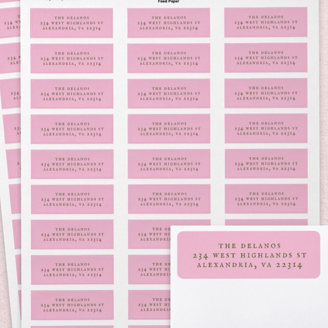 Étiquette Texte Serif Antique Simple Rose et Vert (pink address labels)