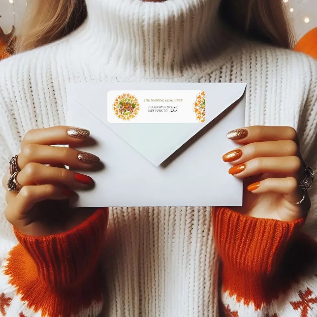 Étiquette Thanksgiving Orange Bohemian Mandala Autumn Leaves (Créateur téléchargé)