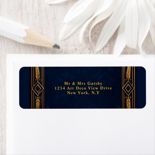 Étiquette Thème de mariage paon Gatsby or marine éditable (En situation)