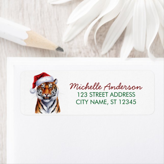 Étiquette tiger with a Santa hat Christmas Return Address (En situation)