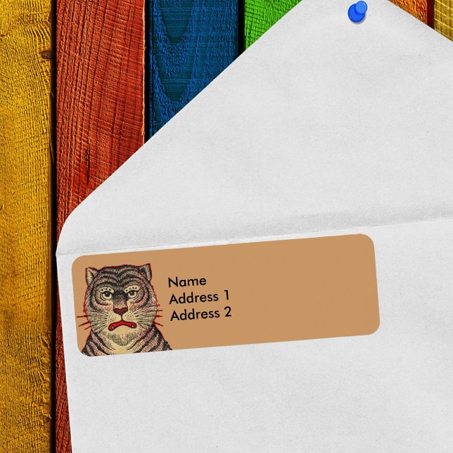 Étiquette Tigre d'Asie vintage (Head of striped Asian tiger with fierce face on brown return address labels.)
