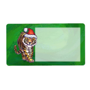 Étiquette Tigre mignon à Santa Chapeau en vert