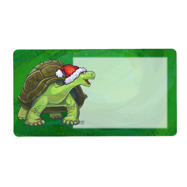 Étiquette Tortue à Santa Chapeau sur Vert (Devant)