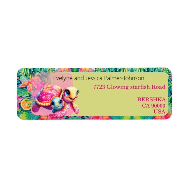 Étiquette Tortue rose mignonne maman et enfant exotique nom  (Devant)