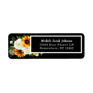 Étiquette Tournesol et Rose blanche Mariage floral 2- Noir