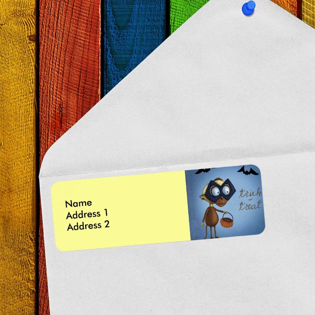 Étiquette Tracer ou traiter les chauves-souris à singe masqu (Fun masked Halloween Trick or treat monkey with bats on blue and yellow return address labels.)
