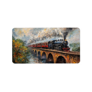 Étiquette Train à vapeur sur un pont - Peinture à l'huile