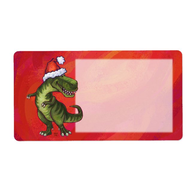 Étiquette TRex Dino à Santa Hat sur Red (Devant)