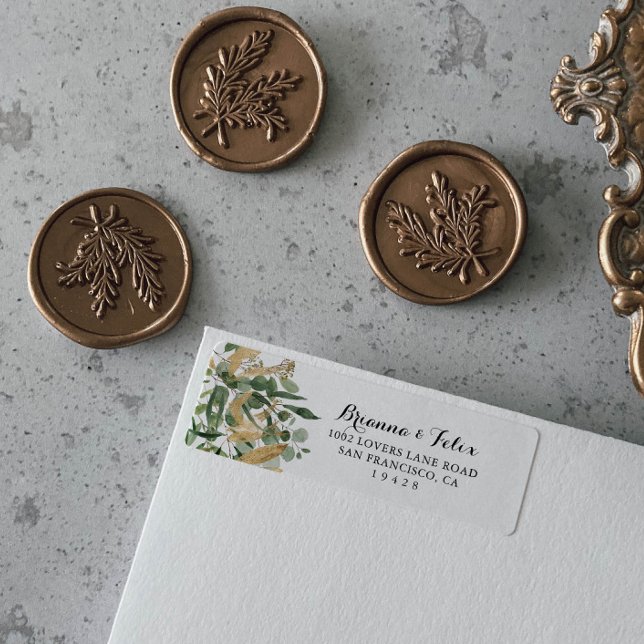 Étiquette Tropical Gold Green Foliing Adresse de retour (Créateur téléchargé)