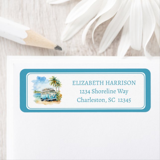 Étiquette Tropical Island Retro Blue Bus  (En situation)