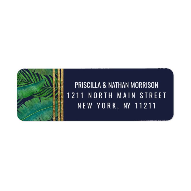 Étiquette Tropical Palm Tree Greenery Gold Navy Blue Address (Devant)