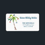 Étiquette Tropical Palm Tree Warm Holiday Adresse de retour<br><div class="desc">Vacances tropicales Les "Chaleureux" étiquettes d'adresse de retour avec l'oeuvre originale d'un palmier de Noël décoré d'ornements festifs. Parfait pour les thèmes tropicaux des îles,  des plages,  de l'océan et des côtes,  et vous pouvez facilement personnaliser avec votre nom et adresse.</div>