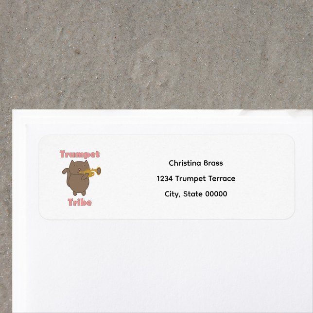 Étiquette Trumpet Tribe Cat Personalize Return Address (A return address label featuring a cat playing the trumpet and the words trumpet tribe.  )