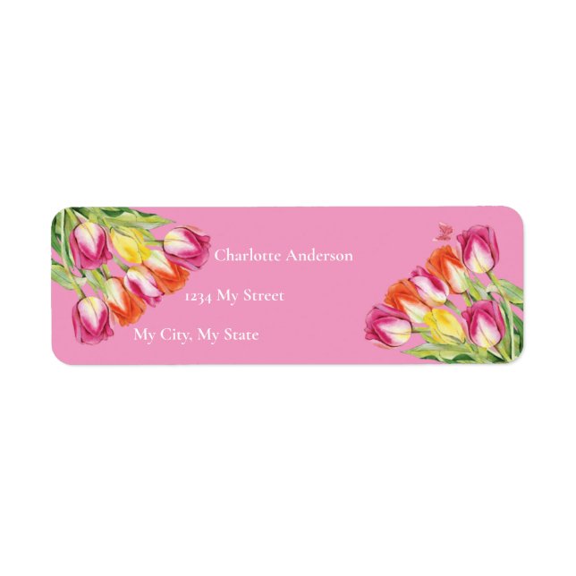 Étiquette Tulipes et papillon Fête des mariées rose (Devant)