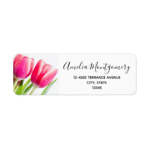 Étiquette Tulipes roses avec Feuille vert Adresse photo