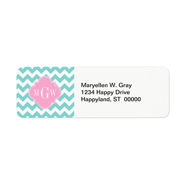 Étiquette Turq / Aqua Wht Chevron Rose 3 Monogramme initial (Devant)