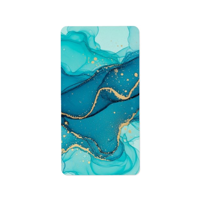 Étiquette Turquoise and Teal Alcohol Ink Abstract with Gold  (Devant)