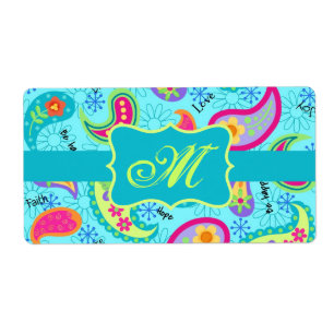 Étiquette Turquoise bleu moderne Motif Paisley Monogramme