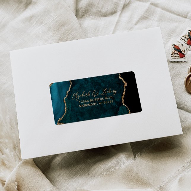 Étiquette Turquoise Blue Agate Script Wedding RSVP Adresse (Créateur téléchargé)