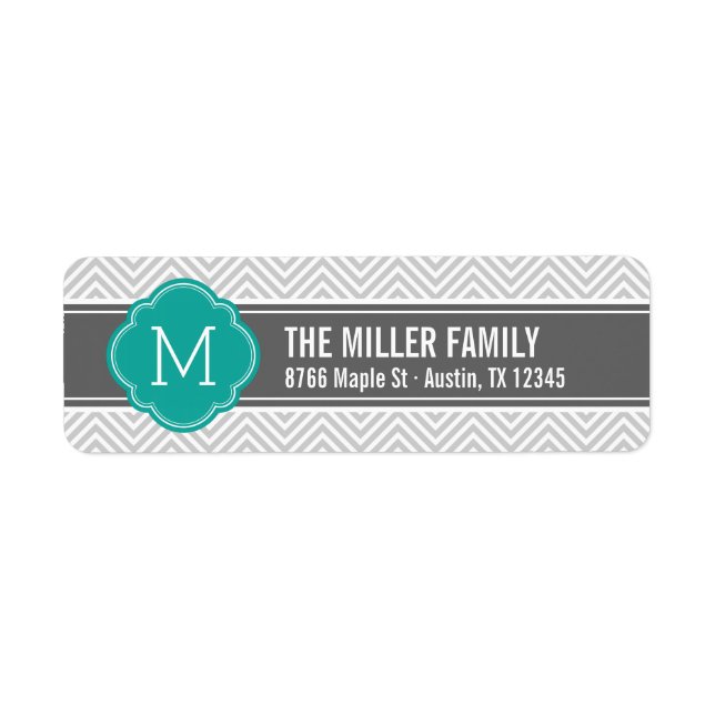 Étiquette Turquoise et Grey Chevron Monogram Adresse de reto (Devant)