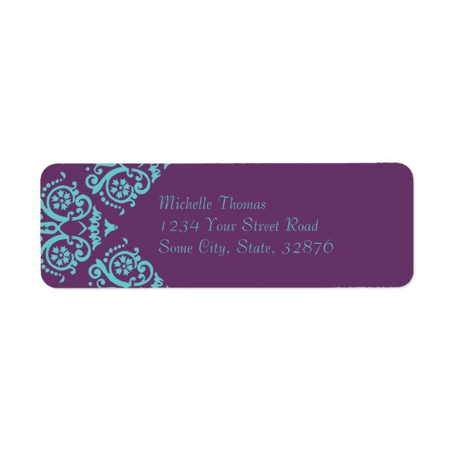 Étiquette Turquoise et violet Elegant Damask Adresse de reto (Devant)