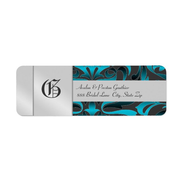Étiquette Turquoise foncé Damask Monogramme Mariage en argen (Devant)