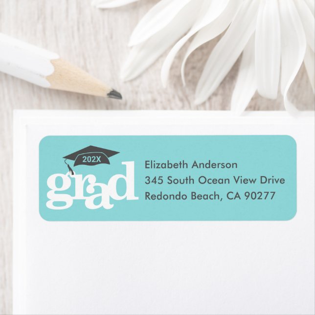 Étiquette Turquoise Graduation Type moderne Grey Casquette A (En situation)