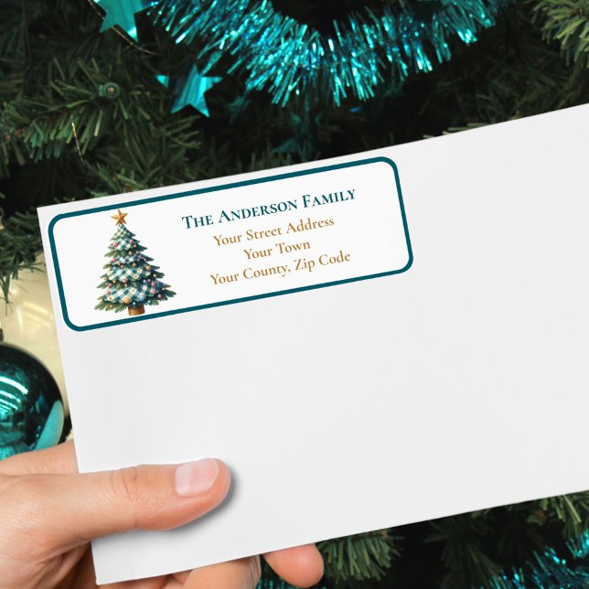 Étiquette Turquoise moderne En vichy Arbre de Noël Nom (Créateur téléchargé)