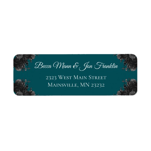 Étiquette Turquoise Noir Roses Grises Mariage Gothique (Devant)