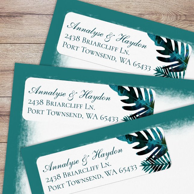 Étiquette Turquoise Tropical Feuille Mariage Adresse de reto (tropical teal green, turquoise island palm leaves, fern leaf, monstera return address labels)
