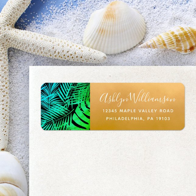 Étiquette Turquoise vert feuille de palme tropicale adresse  (Créateur téléchargé)