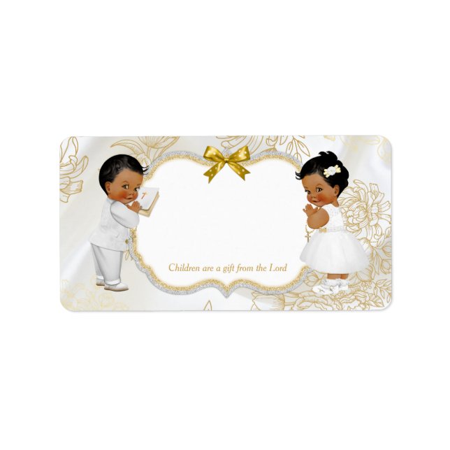 Étiquette Twins Baby Girl Baptism Christening Gold White (Devant)