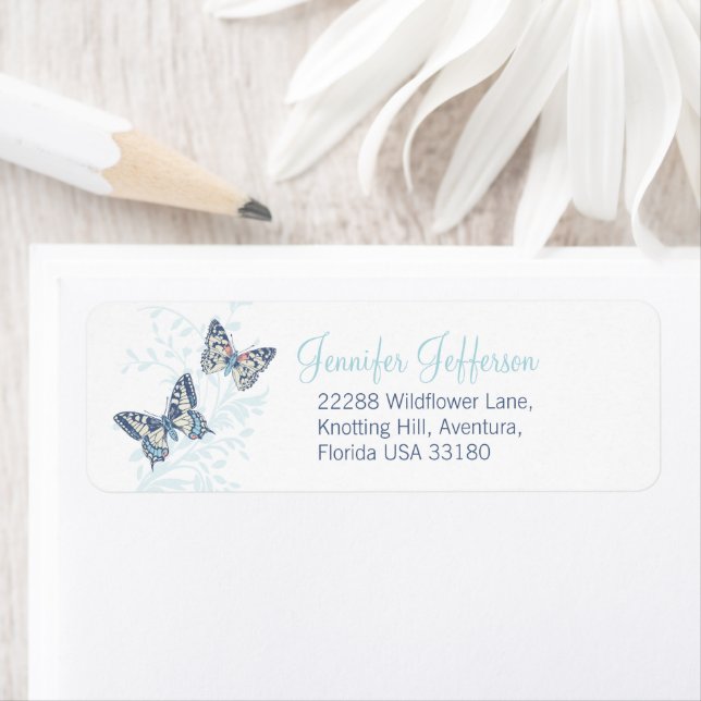 Étiquette Two butterflies inked blue wedding (En situation)