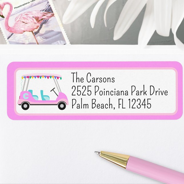Étiquette Vacances Pink Golf Panier Adresse de retour (Personalized Holiday Bulbs  Golf Cart Monogram Pink Return Address Label.)