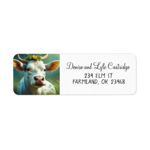 Étiquette Vache Ai blanche mignonne avec cornes et fleurs