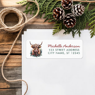 Étiquette Vache de Noël Highland avec chapeau de Père Noël A