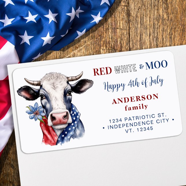 Étiquette Vache patriotique 4 juillet ferme Adresse de retou (Créateur téléchargé)