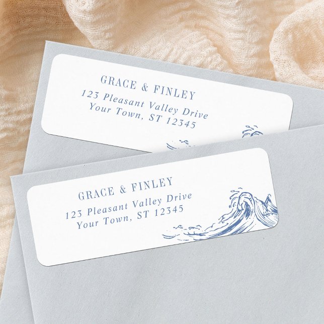 Étiquette Vagues Bleues Mariage Adresse de Retour Chic Côtiè (Créateur téléchargé)