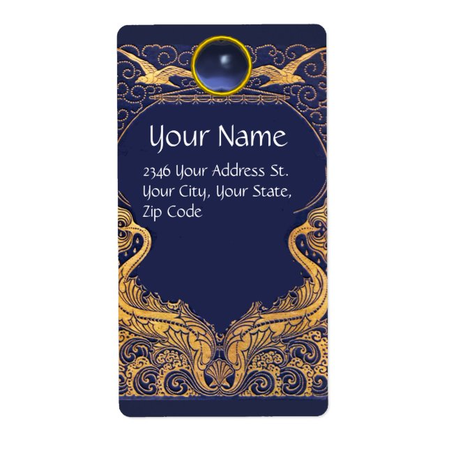 Étiquette Vaisseau antique, Dauphins, Or, Monogramme bleu ma (Devant)